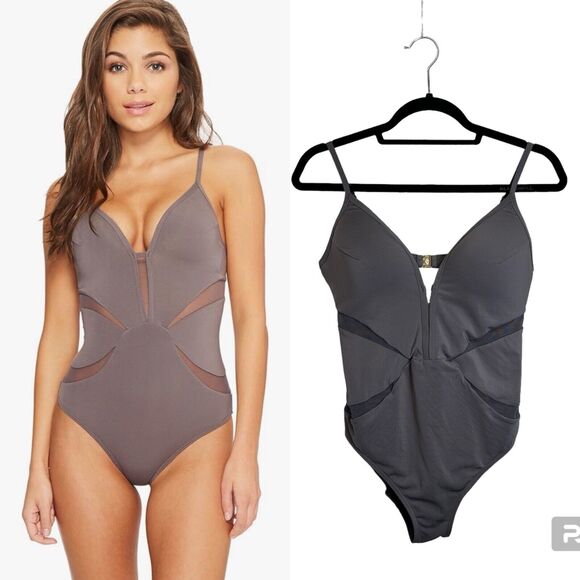 Jets by Jessika Allen‎ Women's Aspire Plunge Cut Out One-Piece Slate 12 Swimsuit - Picture 1 of 10